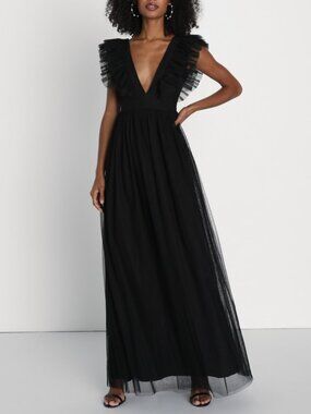 Lulus Simply Delighted Black Mesh Ruffled Backless Maxi Dress - Size XL